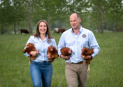 A woman and a man stand outside in a grassy field, each holding two brown hens. They are wearing light blue shirts with logos. There are cows and trees in the background.